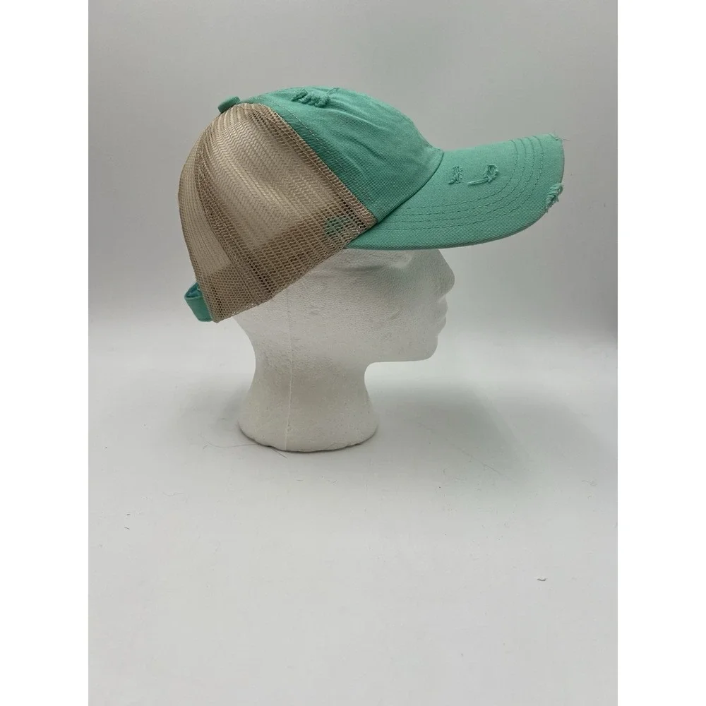 Distressed Ponytail Trucker Hat Criss Cross Messy Bun Mint Green Tan Mesh Cap